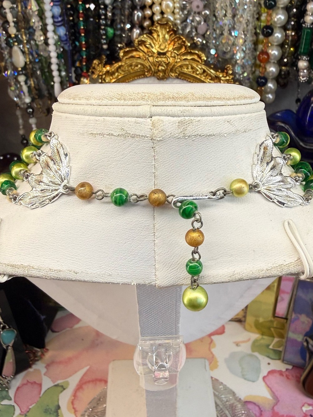 Vintage Japan Multi-Strand Green Glass & Lucite Statement Beaded Necklace - Picture 4 of 5